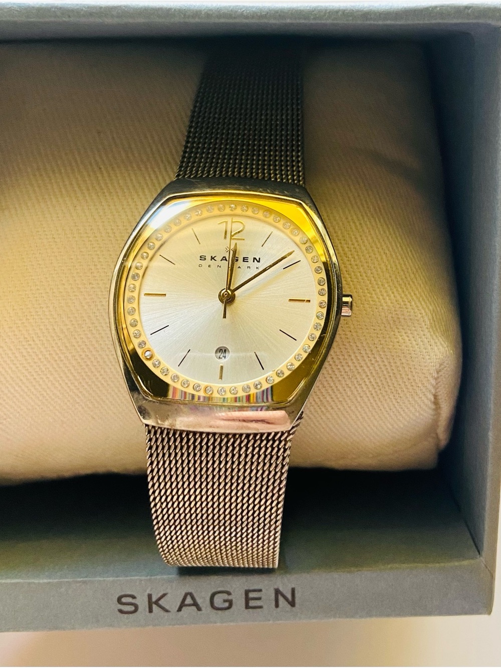 Stunning Skagen Bracelet Watch with Crystal Accents and Gold Face, original box